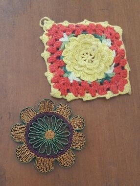 Handmade Crochet Square and Embroidered Floral Appliqué Trivet